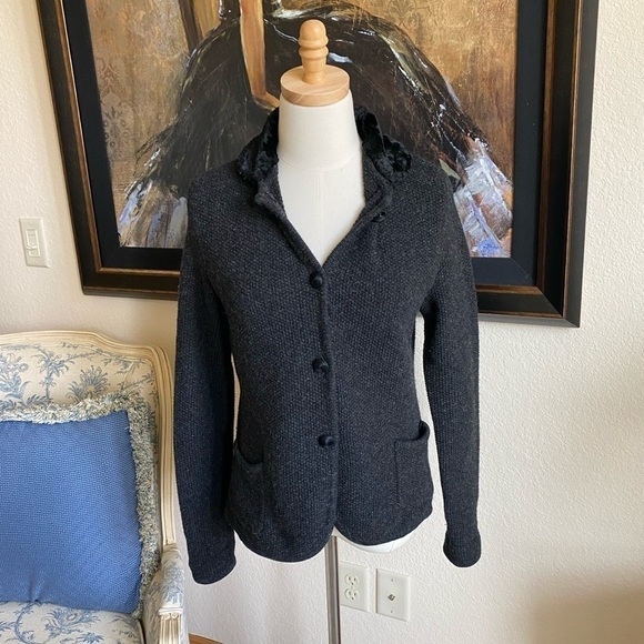 Lauren Ralph Lauren 100% Wool Blazer Faux Fur Collar SzM Gray Black 4 Button - Picture 2 of 8